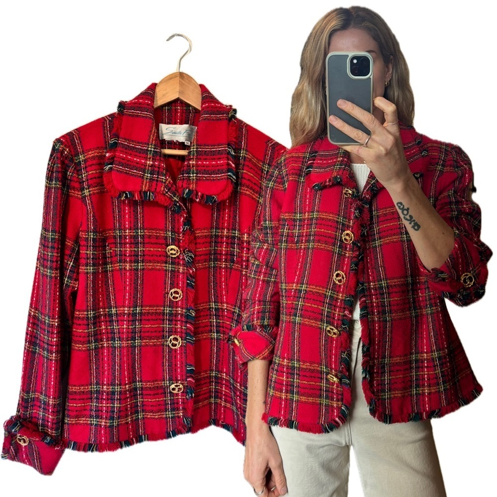 Vintage Red Tweed Plaid Knit Woven Raw Hem Fringe Blazer Jacket Gold Buttons